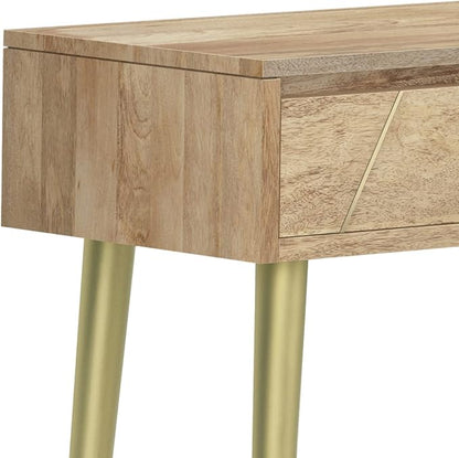 SIMPLIHOME Jager Console Table - 48 Inch Wide Solid Mango Wood Sofa Table in Natural, Mid-Century Modern Storage Table for Entryway or Living Room with 2 Drawers, Brass Inlay, and Gold Metal Legs