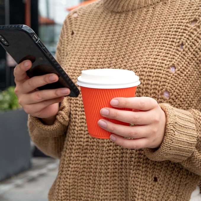 Restaurantware 8 Ounce Double Wall Disposable Coffee Cups, 500 Insulated Orange Paper Cups With Ripple Wall Design, Lids Sold Separately for Hot Beverages like Tea, Hot Chocolate, and More