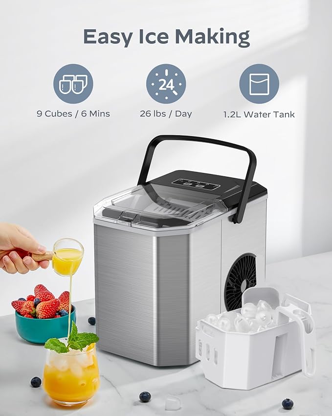 Silonn Ice Maker Countertop, Stainless Steel Portable Ice Machine with Carry Handle, Self-Cleaning Ice Makers with Basket and Scoop, 9 Cubes in 6 Mins, 26 lbs per Day
