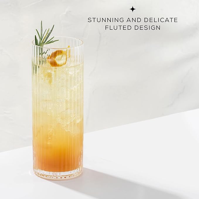 JoyJolt Elle 16oz Fluted Highball Glasses Set of 2, Ribbed Tall Cocktail Tumblers for Gin Juice Water, Vintage Style Drinking Glasses