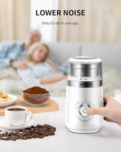 SHARDOR Electric Super Silent Blade Coffee Grinder, Timed Grind Control Rotary Knob, Adjustable Coarse to Fine for Coffee Beans, Spices & Herbs, with 1 Removable Stainless Steel Bowl, White