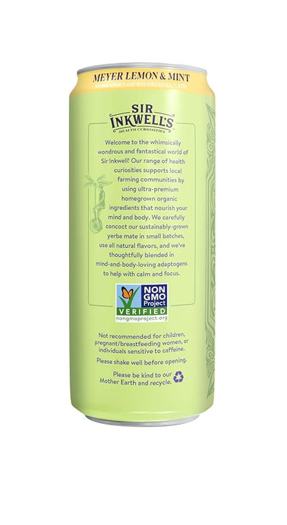 SIR INKWELL'S Adaptogen Yerba Mate Tea | Healthful Energy + Productivity 150 mg Organic Caffeine | 300mg Ashwagandha Reishi Ginseng | Non-GMO Certified | Meyer Lemon & Mint 16oz 12pk