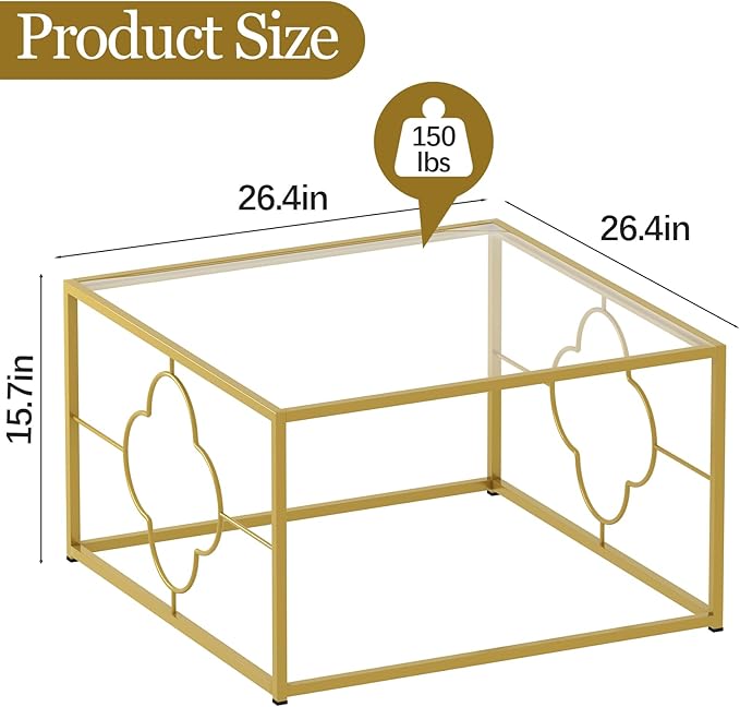 Coffee Table Modern Center Table,Glass Minimalist Square Coffee Table Tea Table for Living Room,Tempered Glass-top with Sturdy Metal Frame, Easy Assembly,26.4 x 26.4 x 15.7 Inches, Gold