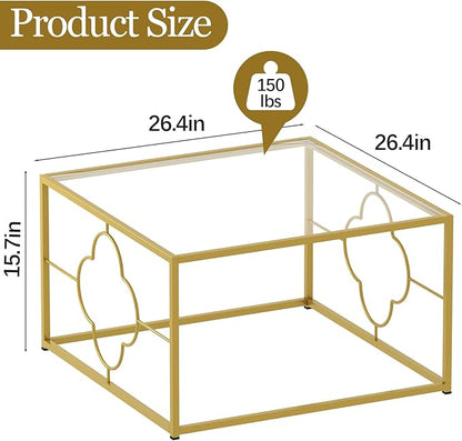 Coffee Table Modern Center Table,Glass Minimalist Square Coffee Table Tea Table for Living Room,Tempered Glass-top with Sturdy Metal Frame, Easy Assembly,26.4 x 26.4 x 15.7 Inches, Gold