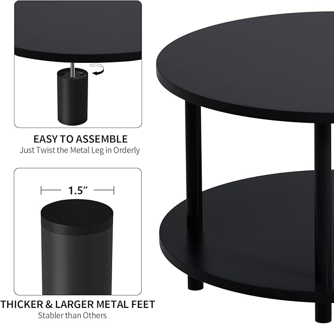 Small Round Coffee Table with Open Storage for Small Space, 23.5" Black 2-Tier Wooden Center Table for Living Room, Metal Legs, Easy to Assemble