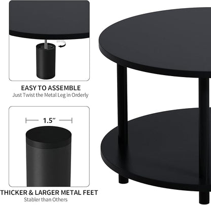 Small Round Coffee Table with Open Storage for Small Space, 23.5" Black 2-Tier Wooden Center Table for Living Room, Metal Legs, Easy to Assemble