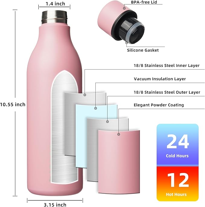BJPKPK Insulated Water Bottles, 25 oz Stainless Steel Metal Water Bottle with Strap, BPA Free Leak Proof Jugs, Mugs, Flasks, Reusable Thermal Flasks for Sports & Travel, Light Pink