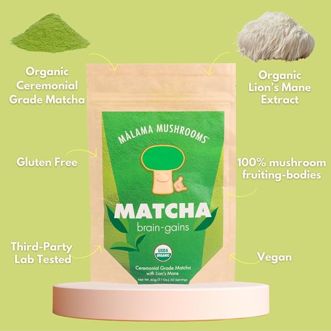 Malama Ceremonial Grade Matcha Powder - Premium Japanese Matcha Green Tea Powder with Organic Lion’s Mane Extract - Organic, Gluten-Free, Vegan, & Unsweetened (2.1 oz) for Energy & Focus