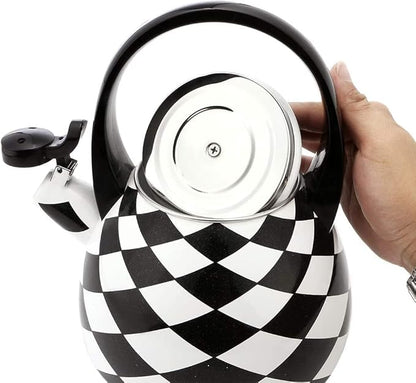 Whistling Tea Kettle for Stove Top Enamel on Steel Teakettle, Supreme Housewares Harlequin Pattern Tea Kettle Cute Kitchen Accessories Teteras (2.4 Quart, Black and White Diamond Check)