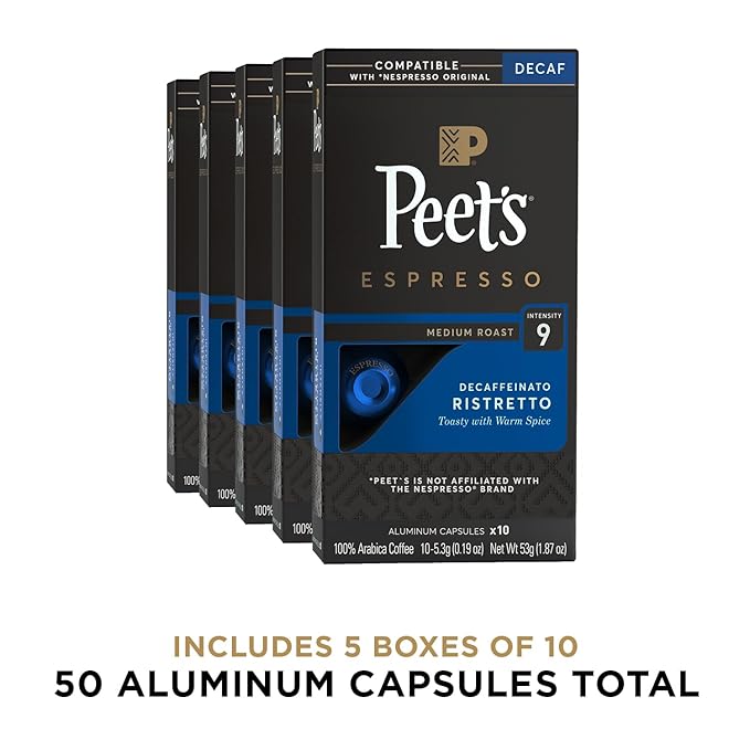 Peet's Coffee, Medium Roast Decaf Espresso Capsules, Compatible with Nespresso Original Machine - Decaf Ristretto Intensity 10, 50 Count (5 Boxes of 10 Espresso Capsules)