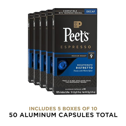 Peet's Coffee, Medium Roast Decaf Espresso Capsules, Compatible with Nespresso Original Machine - Decaf Ristretto Intensity 10, 50 Count (5 Boxes of 10 Espresso Capsules)