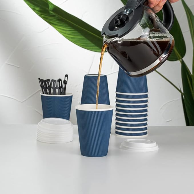 Restaurantware-12 Ounce Disposable Coffee Cups, 500 Ripple Wall Hot Cups For Coffee - Lids Sold Separately, Rolled Rim, Midnight Blue Paper Insulated Coffee Cups, For Hot Coffee, Tea, And More