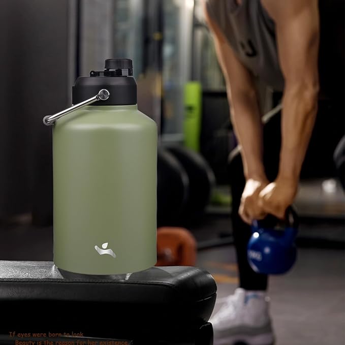 1 Gallon Jug with Handle,128 oz Insulated Water Bottle with Carrying Pouch, Double Wall Vacuum Stainless Steel Metal Bottle,Camp Green