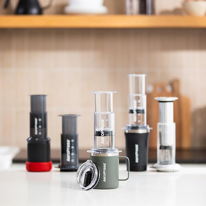 AeroPress Travel Coffee Mug with Handle, Double-Wall Vacuum Insulated Stainless Steel with Splash-Resistant Slider Lid, Compatible for Hot or Cold Drinks, Dishwasher Safe, 12 oz, Green