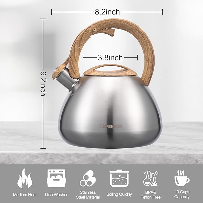 MARSKITOP Tea Pot for Stove Top 2.6 Quart, Stainless Steel Tea Kettle Stovetop Whistling with Stay Cool Handle, Silver