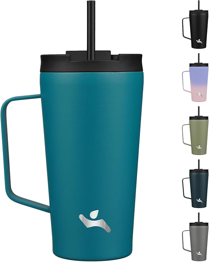 Insulated Tumbler with Handle and Straw, 18 OZ Travel Coffee Mug Stainless Steel Cup Metal Water Bottle,Blue