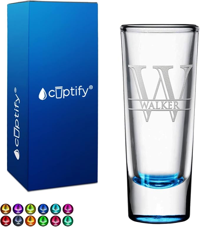 Personalized Shot Glass Lite Blue Bottom Custom 2 oz Cordial Shot Glasses Split Script Initial and Name for Gifts, Weddings, Birthdays, Party, Event, Decorations