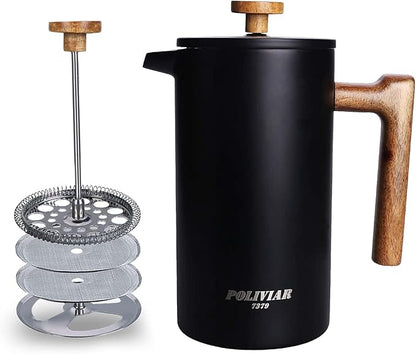 POLIVIAR French Press Coffee Maker, 34 Ounce Coffee Press with Real Wood Handle, Double Wall Insulation & Dual- Filter Screen, Food Grade Stainless Steel for Good Coffee and Tea (Vintage)