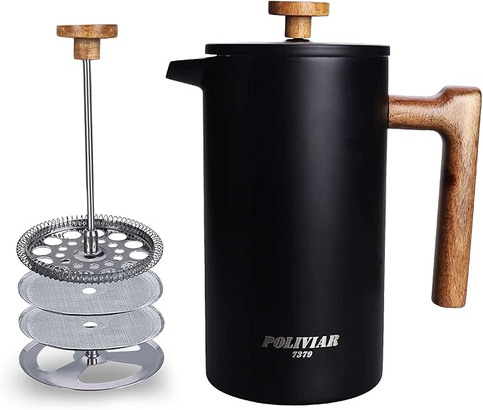 POLIVIAR French Press Coffee Maker, 34 Ounce Coffee Press with Real Wood Handle, Double Wall Insulation & Dual- Filter Screen, Food Grade Stainless Steel for Good Coffee and Tea (Vintage)