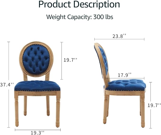 French Country Dining Chairs Set of 8, Blue Velvet Upholstered Dining Chairs, Tufted Back, Solid Wood Legs, Farmhouse Kitchen & Dining Room Chairs, Sillas De Comedor (Blue, 8Pcs)