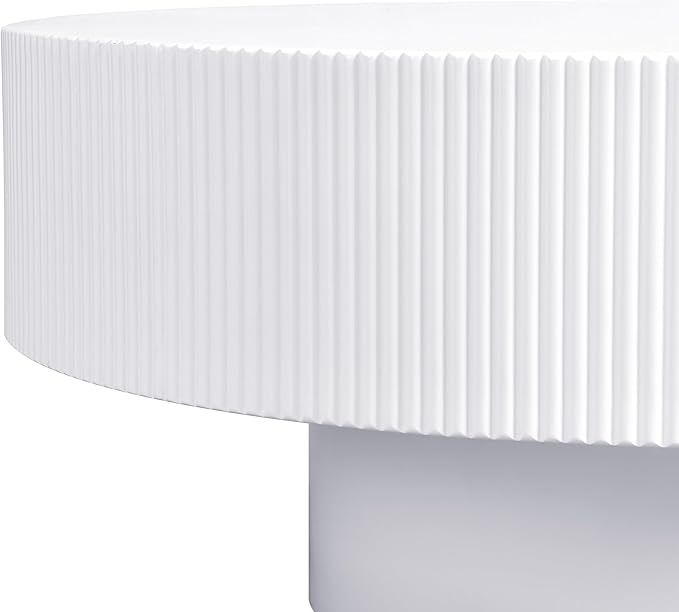 31.5 Inch Round Drum Coffee Table, Modern Handcraft Fluted Drum Coffee Table, Wooden Round Coffee Table Center Table Cocktail Table with Stable Pedestal for Living Room Apartment (White)