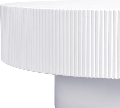 31.5 Inch Round Drum Coffee Table, Modern Handcraft Fluted Drum Coffee Table, Wooden Round Coffee Table Center Table Cocktail Table with Stable Pedestal for Living Room Apartment (White)