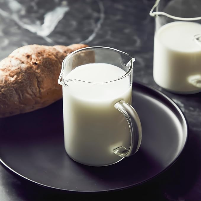 Leinuosen 2 Pcs Small Glass Creamer Pitcher with Spout Milk Frothing Pitcher Elegant Shaped Glass Coffee Tea Milk Creamer Jug Creative Milk Frother Cup (Simple Style,250ml)