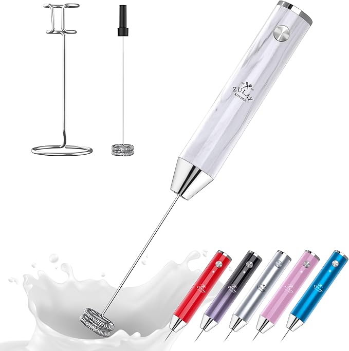 Zulay Kitchen Lux Rechargeable Milk Frother Handheld - Powerful 2-Speed Motor, Fully Waterproof, 2000mAh Battery - Drink Mixer For Latte, Cappuccino, Matcha, Protein Powder - White Marble