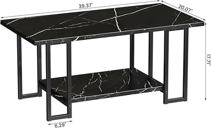 AWQM Marble Coffee Table, Faux Marble Top Rectangular Coffee Table with Black Metal Frame, 2 Tier Living Room Table for Living Room, Office, Balcony, Black, 40 Inch (GJ09)