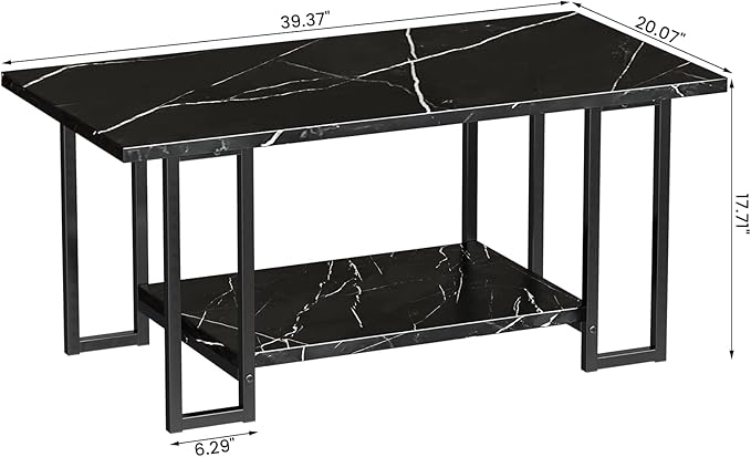 AWQM Marble Coffee Table, Faux Marble Top Rectangular Coffee Table with Black Metal Frame, 2 Tier Living Room Table for Living Room, Office, Balcony, Black, 40 Inch (GJ09)