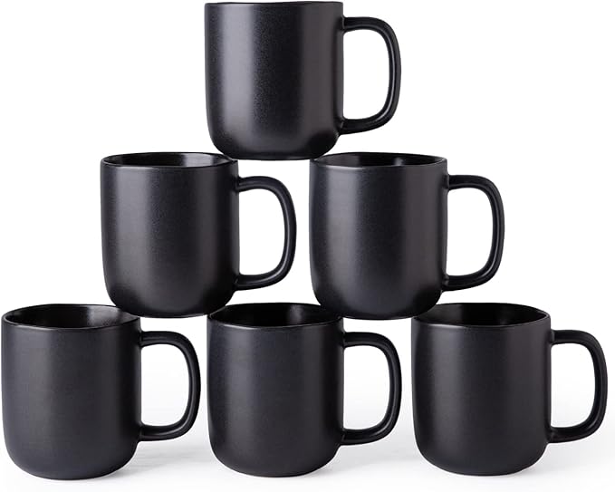 AmorArc 14oz Coffee Mugs Set of 6, Ceramic Coffee Mugs with Large Handle & Wavy Rim for Latte/Hot Cocoa/Tea, Stylish Coffee Mugs for Men Women. Oven,Dishwasher&Microwave Safe, Matte Black