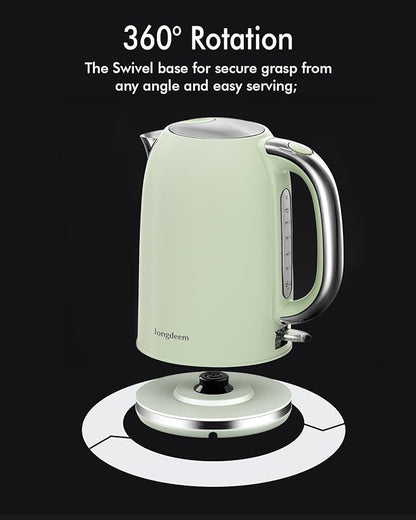 Electric Tea Kettle for Boiling Water, Wide Open Lid Stainless Steel Water Boiler, 1500W/1.7L for Coffee/Tea Brewing, Auto Shut Off & Boil Dry Protection, Cordless Swivel Base & LED Indicator, Green