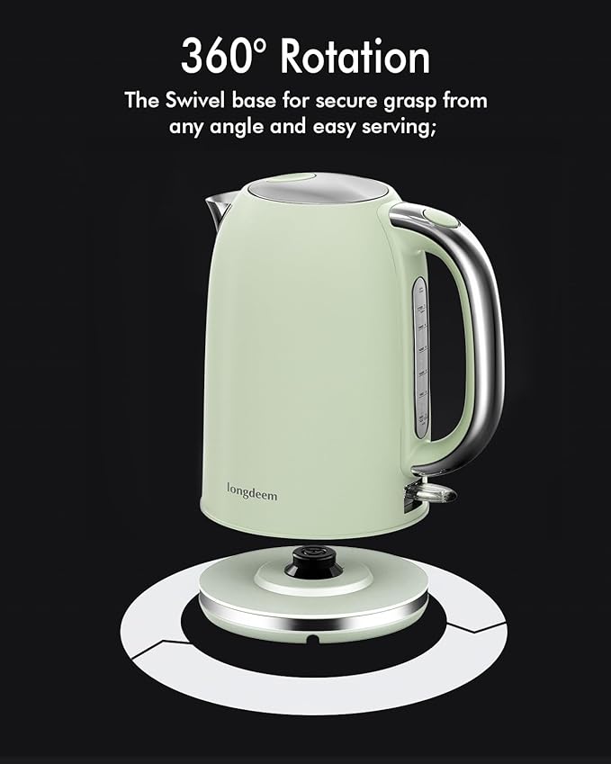 Electric Tea Kettle for Boiling Water, Wide Open Lid Stainless Steel Water Boiler, 1500W/1.7L for Coffee/Tea Brewing, Auto Shut Off & Boil Dry Protection, Cordless Swivel Base & LED Indicator, Green