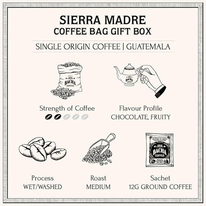 Bacha Coffee | Sierra Madre Guatemala Single Origin, 100% Arabica Specialty Coffee Beans, Medium Roast, x12 Individually Wrapped Single Serve Filter Bags