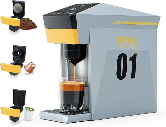 3 in 1 Single Serve Coffee Maker,Fast Brew in 1 minute 19Bar Pump Coffee Machine for K*Cup、NES*press and Ground Coffee,with 27oz Removable Water Reservior,Sliver Espresso Coffee Machine