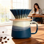 Load image into Gallery viewer, Handmade Gradient White Blue Pour Over Coffee Maker Set Fambe Ceramic Coffee Dripper Brewer Heat Resistant Coffee Pot Decanter ACM08