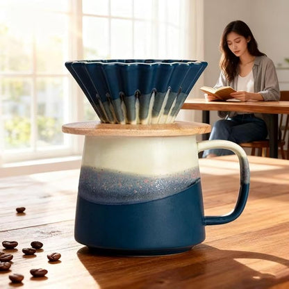 Handmade Gradient White Blue Pour Over Coffee Maker Set Fambe Ceramic Coffee Dripper Brewer Heat Resistant Coffee Pot Decanter ACM08