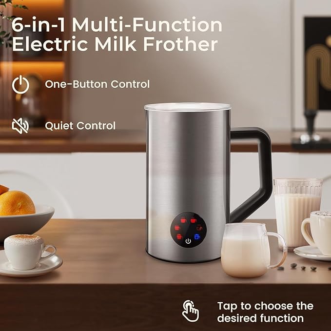 MAISON HUIS Milk Frother, 6-IN-1 Electric Milk Steamer, 20oz/591ml Hot & Cold Foam Maker for Latte & Cappuccino, 550W Fast Heating Stainless Steel Milk Steamer, Hot Chocolate Maker