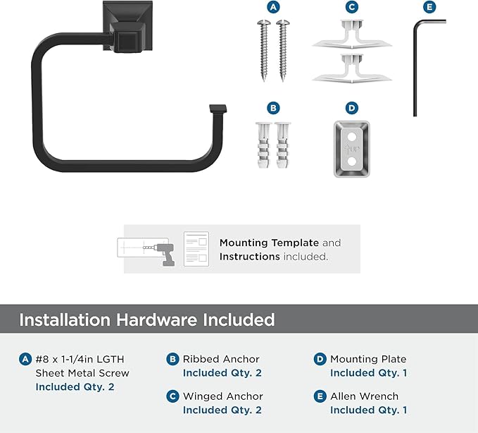 Amerock BH36022MB | Matte Black Towel Ring | 5-3/4 in (146 mm) Length Towel Holder | Mulholland | Hand Towel Holder for Bathroom Wall | Small Kitchen | Bath Accessories