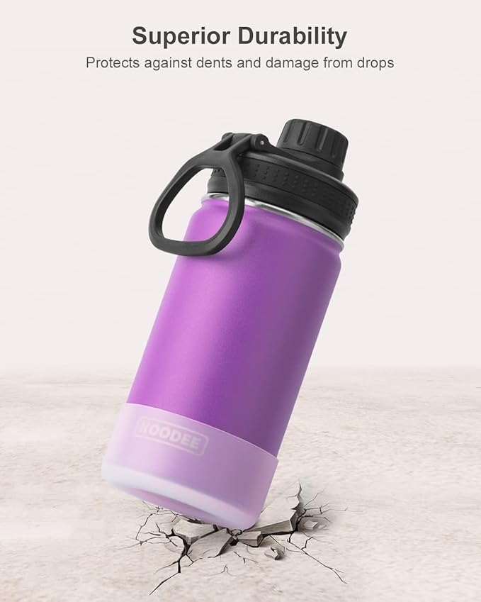 Koodee Small Water Bottle 12 oz Stainless Steel Vacuum Insulated Water Bottle for Back to School, Wide Mouth Flask with Leakproof Spout Lid(Purple)