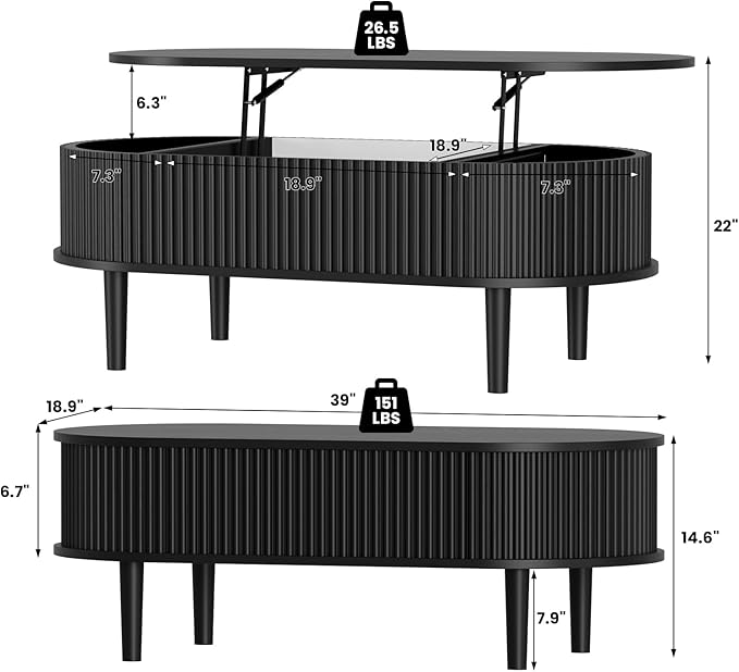 BREEZEHEAT Fluted Lift Top Coffee Table, 39" Black Modern Oval Coffee Table with Storage, Hidden Compartment & Fully Assembled Centre Table, Lift Tabletop for Living Room, Home Office, Small Space