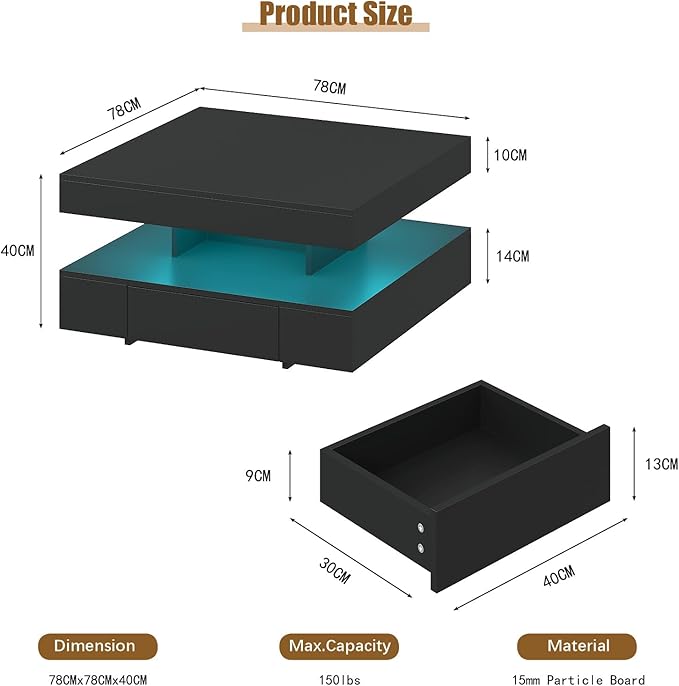 Black LED Coffee Table with 2 Storage Drawers for Living Room Square Center Middle Table Modern Cocktail Table with Light 2-Tier Tea Tables Contemporary Mid Century Wood Home Office Waiting Room
