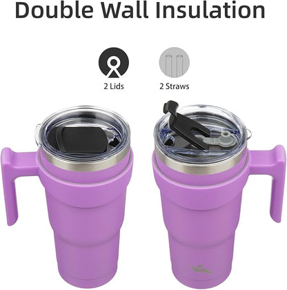 20 oz Tumbler with Handle and 2 Straw 2 Lid, Insulated Water Bottle Stainless Steel Vacuum Cup Reusable Travel Mug,Lavender