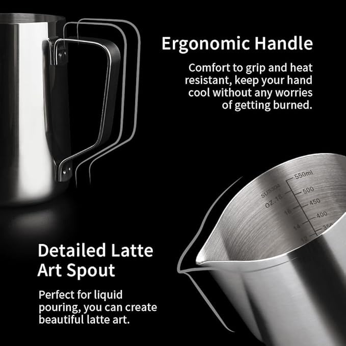 watchget Stainless Steel Milk Frothing Pitcher 20oz/600ml - Espresso Steaming Pitcher for Cappuccino, Latte Art, Coffee Machine Accessories Milk Jug Coffee Frother Cup, Silver