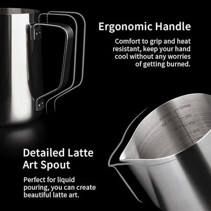 watchget Stainless Steel Milk Frothing Pitcher 20oz/600ml - Espresso Steaming Pitcher for Cappuccino, Latte Art, Coffee Machine Accessories Milk Jug Coffee Frother Cup, Silver