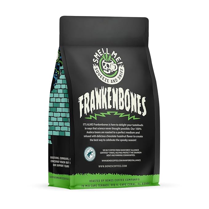 Bones Coffee Company Frankenbones Chocolate and Hazelnut Flavored Coffee, Medium Roast Low Acid Arabica Beans Compatible with Auto drip and French Press Coffee Maker, 12 Oz Whole Bean