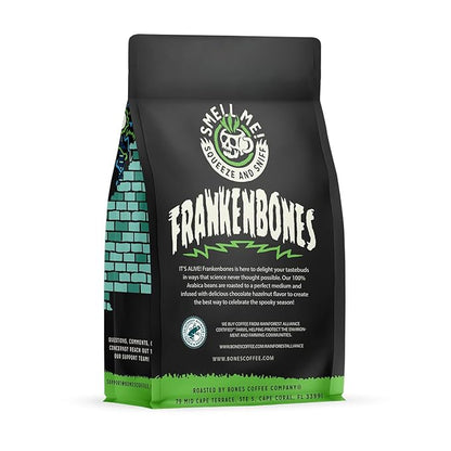 Bones Coffee Company Frankenbones Chocolate and Hazelnut Flavored Coffee, Medium Roast Low Acid Arabica Beans Compatible with Auto drip and French Press Coffee Maker, 12 Oz Whole Bean