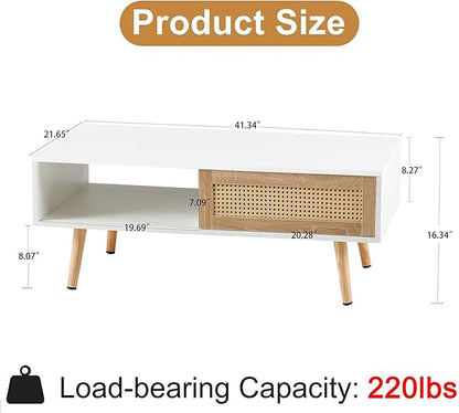 Mid Century Modern Coffee Table with Storage, 41.3 Inch Rectangle Wooden Accent Center Sofa Table with Sliding PE Rattan Woven Door Panel and Solid Wood Legs, Suitable for Living Room, Apartment