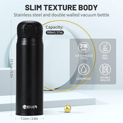 17 oz / 500 ml Insulated Water Bottle, Stainless Steel Thermo Coffee Travel Mug, Thermal Cup with Snap Flip Lid, BPA Free for Hot and Cold Drinking, Black