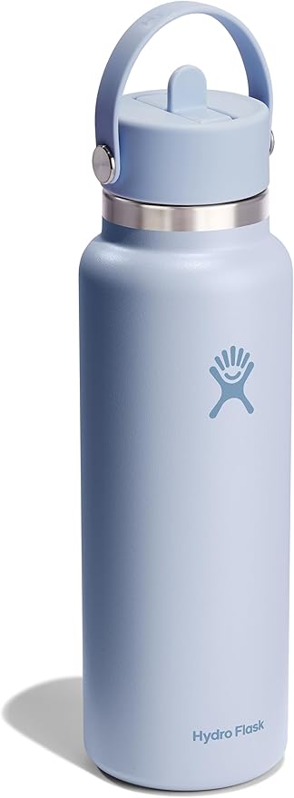 Hydro Flask Water Bottle - Insulated Stainless Steel - Wide Mouth Flex Straw Lid, Non Spill, Leakproof and Refillable in 40 Oz Surf Blue